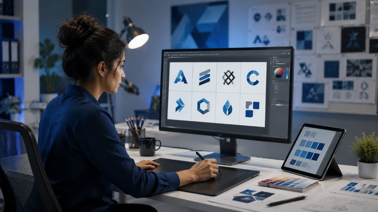 Professional branding designer working on a logo identity