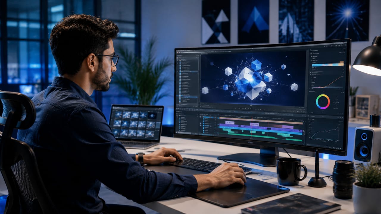 Professional motion designer working on business animation content